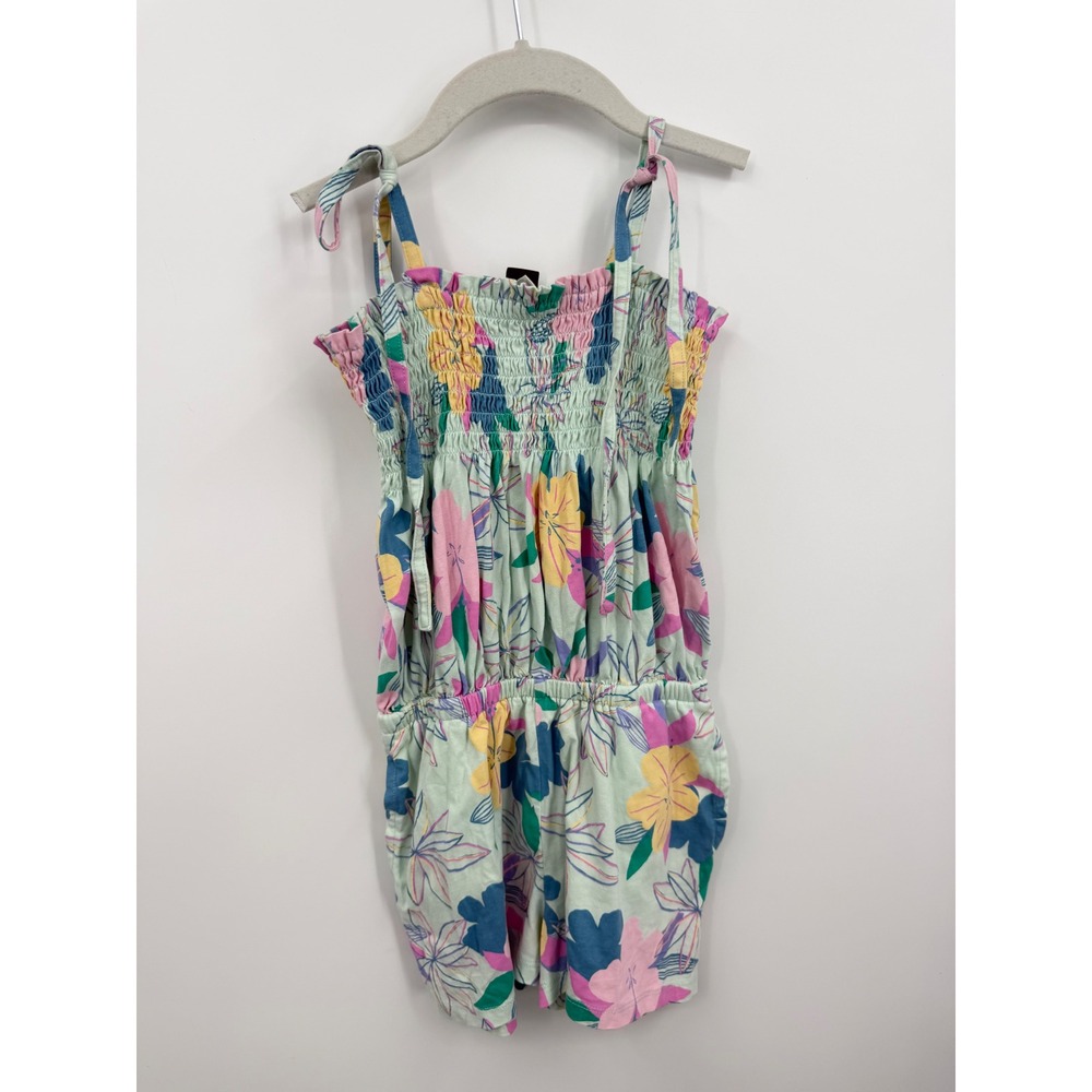 Tea Collection Floral‎ Smocked Romper Kids 7 Mint Green Tropical Tie Straps